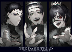 Rule 34 | 1girl, 2boys, absurdres, anniversary, black border, black clover, black hair, black shirt, blue eyes, border, brown jacket, brown vest, chest harness, chest strap, column lineup, crown, dante zogratis, dated, english text, evil grin, evil smile, expressionless, eyepatch, facial hair, facial mark, frit 2, fur collar, gem, goatee, green eyes, grin, hair behind ear, hair slicked back, harness, high collar, highres, insignia, jacket, long bangs, looking at viewer, multiple boys, mustache, o-ring, open mouth, outside border, outstretched hand, parted bangs, portrait, reaching, reaching towards viewer, red eyes, red gemstone, shirt, short hair, siblings, sideburns, smile, spade (shape), tiara, vanica zogratis, vest, zenon zogratis
