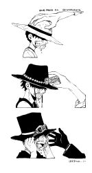 Rule 34 | aged down, black gloves, black hair, child, clenched teeth, commentary request, crying, fingernails, gloves, greyscale, hat, highres, long sleeves, monkey d. luffy, monochrome, nata kokone, one piece, out of frame, outstretched hand, portgas d. ace, sabo (one piece), short hair, straw hat, streaming tears, tears, teeth, top hat, translation request, twitter username, white background