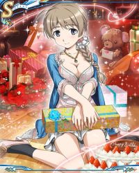 Rule 34 | 1girl, ahoge, artist request, braid, breasts, brown hair, cleavage, gift, happy birthday, looking at viewer, lynette bishop, official art, ribbon, short hair, sitting, solo, strike witches, stuffed animal, stuffed toy, teddy bear, wariza, world witches series