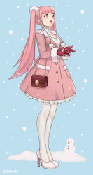 Rule 34 | 1girl, :d, bag, blue background, blunt bangs, breasts, cleavage, cleavage cutout, clothing cutout, coat, coat dress, dress, female focus, fire emblem, fire emblem: three houses, frilled dress, frills, full body, gloves, handbag, heart cutout, high heels, highres, hilda valentine goneril, long hair, matching hair/eyes, medium breasts, nintendo, open mouth, panties, pantyhose, pantyshot, pink coat, pink eyes, pink hair, pumps, red gloves, smile, snowing, solo, standing, turtleneck, twintails, twitter username, underwear, very long hair, white footwear, white pantyhose, zedoraart