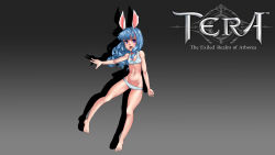 Rule 34 | 1girl, absurdres, animal ears, bad id, bad pixiv id, bandaid, barefoot, blue eyes, blue hair, bra, copyright name, curly hair, elin, fang, flat chest, grey background, highres, long hair, navel, open mouth, outstretched arm, panties, panty peek, rabbit ears, simple background, solo, striped bra, striped clothes, striped panties, tera online, toes, underwear, whiskers