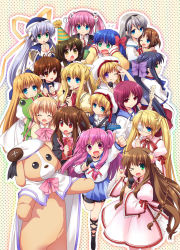 Rule 34 | &gt; o, 00s, 10s, 6+girls, :d, :o, ;d, ;q, ?, ^ ^, air (visual novel), angel beats!, animal costume, antenna hair, asymmetrical hair, blonde hair, blue eyes, blush, bow, braid, brown eyes, brown hair, cape, capelet, character request, clannad, closed eyes, company connection, copyright request, covering own ears, cross, crossover, cube hair ornament, dog, dog costume, dress, eyepatch, finger to mouth, flute, flying sweatdrops, furukawa nagisa, fuyuichi, green eyes, hair bow, hair ornament, hair ribbon, hand to own mouth, hat, hat ribbon, holding, hoshino yumemi, ibuki fuuko, instrument, iwasawa masami, kamikita komari, kamio misuzu, kanbe kotori, kanon, kawasumi mai, keropii, key (company), kud wafter, little busters!, long hair, looking at another, looking at viewer, microphone, mishima tomo, multiple girls, nakatsu shizuru, nanase rumi, natsume rin, noumi kudryavka, one - kagayaku kisetsu e, one eye closed, open mouth, outline, outstretched arm, party hat, party popper, pink bow, pink eyes, pink hair, planetarian, polka dot, polka dot background, ponytail, purple eyes, red eyes, red hair, rewrite, ribbon, sakagami tomoyo, school uniform, short hair, side ponytail, silver hair, single braid, skirt, sleeves rolled up, smile, stuffed animal, stuffed frog, stuffed toy, tambourine, tears, tomoyo after, tongue, tongue out, twintails, two side up, whistle, wink, yellow eyes, yui (angel beats!)
