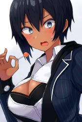 Rule 34 | 1girl, black bra, black hair, blush, bra, breasts, bursting breasts, candy, cleavage, collared shirt, dark skin, dark-skinned female, dress shirt, earrings, fang, flying button, food, gomashi (goma), grey eyes, hair between eyes, highres, jacket, jewelry, large breasts, lollipop, long sleeves, looking at viewer, mole, mole on neck, open clothes, open jacket, open mouth, open shirt, original, pinstripe pattern, popped button, shirt, short hair, simple background, solo, striped, stud earrings, surprised, tan, underwear, upper body, wardrobe malfunction, white shirt