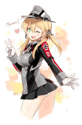 Rule 34 | 10s, 1girl, ;d, anchor hair ornament, ass, blonde hair, blush, eretto, gloves, green eyes, hair ornament, hat, kantai collection, long hair, looking at viewer, microskirt, military, military uniform, one eye closed, open mouth, panties, peaked cap, prinz eugen (kancolle), russian text, skirt, smile, solo, twintails, underwear, uniform, v, white gloves, white panties