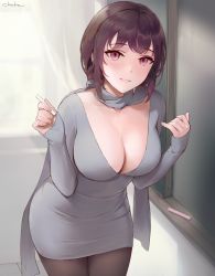 Rule 34 | 1girl, black pantyhose, breasts, brown hair, chalk, chalkboard, chowbie, cleavage, dress, grey dress, grey scarf, hands up, highres, large breasts, leaning forward, looking at viewer, original, pantyhose, pencil dress, red eyes, scarf, short hair, smile, solo
