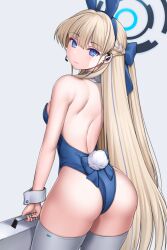Rule 34 | 1girl, animal ears, asamura hiori, ass, back, bare shoulders, blonde hair, blue archive, blue eyes, blue leotard, blush, braid, breasts, briefcase, detached collar, earpiece, fake animal ears, fake tail, french braid, hair ribbon, halo, highleg, highleg leotard, highres, leotard, long hair, looking at viewer, looking back, official alternate costume, playboy bunny, rabbit ears, rabbit tail, revision, ribbon, small breasts, solo, tail, thighhighs, thighs, toki (blue archive), toki (bunny) (blue archive), very long hair, wrist cuffs