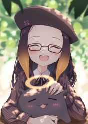 Rule 34 | 1girl, :d, beret, black ribbon, blurry, blurry background, blush, brown shirt, closed eyes, commentary, creature, english commentary, facing viewer, fang, glasses, gradient hair, halo, hat, highres, hololive, hololive english, long hair, long sleeves, mole, mole under eye, multicolored hair, ninomae ina&#039;nis, ninomae ina&#039;nis (casual), official alternate costume, open mouth, orange hair, petting, pointy ears, profnote, purple hair, ribbon, shirt, smile, solo, takodachi (ninomae ina&#039;nis), upper body, virtual youtuber