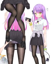 Rule 34 | 2girls, :o, amane kanata, black footwear, black pantyhose, black ribbon, black skirt, blush, bottle, breasts, cellphone, clothes around waist, clothes lift, collared shirt, demon tail, from behind, green eyes, grey jacket, hair bun, hair ornament, hair ribbon, hairclip, halo, highres, holding, holding bottle, holding phone, hololive, jacket, jacket around waist, k mugura, lifting another&#039;s clothes, long hair, looking at viewer, lower body, mary janes, multicolored hair, multiple girls, multiple views, nail polish, neck ribbon, open mouth, panties, panties under pantyhose, panty peek, pantyhose, pantyshot, phone, piercing, pink hair, pleated skirt, polka dot, polka dot panties, purple hair, purple panties, ribbon, school uniform, shirt, shirt tucked in, shoes, short sleeves, side bun, simple background, single side bun, skirt, skirt lift, small breasts, smartphone, star (symbol), star hair ornament, star halo, tail, thighband pantyhose, tokoyami towa, two-tone hair, two-tone neckwear, underwear, virtual youtuber, water bottle, white background, white hair, white shirt, wrist cuffs, x hair ornament