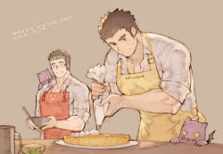 Rule 34 | 2boys, apron, bad id, bad pixiv id, baking, bara, black hair, brown hair, chataro1412, collared shirt, cooking, couple, creature, cup, glasses, holding, looking at another, male focus, protagonist 3 (housamo), mug, multiple boys, muscular, muscular male, partially unbuttoned, pectorals, red apron, rimless eyewear, motoori shiro, shirt, short hair, sleeves rolled up, smile, sweatdrop, table, thick eyebrows, tokyo houkago summoners, upper body, white day, white shirt, wooden table, yaoi, yellow apron