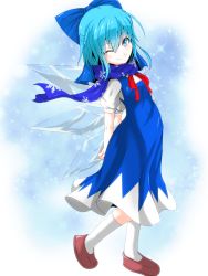 Rule 34 | 1girl, ;), arms behind back, blue dress, blue eyes, blue hair, blush, bow, cirno, dress, eyelashes, full body, hair bow, highres, ice, large bow, loafers, looking at viewer, matching hair/eyes, one eye closed, red ribbon, ribbon, s-ghost, scarf, shoes, short hair, short sleeves, simple background, smile, snow, snowflakes, socks, solo, sparkle, touhou, wings, wink