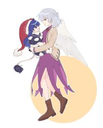 Rule 34 | 2girls, absurdres, aged down, angel wings, animal ears, baby carry, black capelet, blue eyes, blue hair, braid, capelet, carrying, child, commentary request, doremy sweet, dress, eye contact, feathered wings, french braid, grey hair, hat, highres, idaku, jacket, kishin sagume, long hair, long sleeves, looking at another, medium hair, multiple girls, nightcap, open clothes, open jacket, open mouth, pom pom (clothes), purple dress, red eyes, red hat, single wing, smile, tail, tapir ears, tapir tail, touhou, white wings, wings