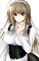 Rule 34 | 1girl, blonde hair, breasts, glasses, hand on own face, high collar, large breasts, looking at viewer, maid, maid headdress, original, otone, otone (artist), red eyes, simple background, solo, white background