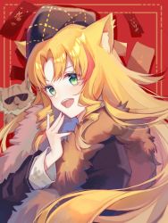 Rule 34 | 1girl, :d, alternate costume, animal, animal ears, arknights, black headwear, black jacket, blonde hair, blush, chinese commentary, commentary request, drill hair, drill sidelocks, feather boa, green eyes, hand up, highres, jacket, long hair, long sleeves, looking at viewer, multicolored hair, official alternate costume, open mouth, red background, red hair, sidelocks, smile, streaked hair, sunglasses, swire (arknights), swire (honor and splendor) (arknights), tiger, tiger ears, upper body, yunweishukuang