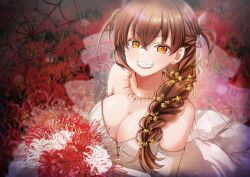 Rule 34 | 1girl, absurdres, alternate hairstyle, bouquet, breasts, bridal veil, bride, dr. arach, dress, flower, highres, holding, holding bouquet, large breasts, long hair, looking at viewer, red flower, shimotsukishin, silk, smile, solo, spider web, tsukihime, veil, wedding dress, white dress