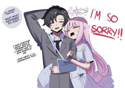 Rule 34 | 1boy, 1girl, arm sling, black necktie, blue archive, broken leg, business casual, crying, english text, feathered wings, formal, grey suit, halo, highres, iog626, low wings, mika (blue archive), necktie, pink hair, scrunchie, sensei (blue archive), sensei (blue archive the animation), suit, white background, wings, wrist scrunchie