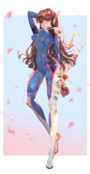 Rule 34 | 1girl, arm behind back, arm up, armor, bodysuit, boots, bracer, breasts, breasts apart, brown eyes, brown hair, cameltoe, charm (object), closed mouth, covered navel, d.va (overwatch), emblem, eyebrows, facepaint, facial mark, gloves, gun, handgun, headphones, highres, holding, holding gun, holding weapon, logo, long hair, long sleeves, looking at viewer, matching hair/eyes, medium breasts, overwatch, overwatch 1, pauldrons, pilot suit, ribbed bodysuit, shoulder armor, shoulder pads, skin tight, solo, thigh boots, thigh strap, thighhighs, turtleneck, weapon, whisker markings, white footwear, white gloves, xing