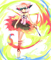 Rule 34 | 1girl, anklet, bad id, bad pixiv id, bare shoulders, barefoot, bird, black skirt, bracelet, cockatoo, collar, colorful, corset, fashion, feather skirt, feathers, jewelry, key, layered skirt, legs together, multicolored clothes, multicolored hair, multicolored skirt, parrot, pink hair, pink skirt, purple hair, sakata kaname, simple background, skirt, smile, solo