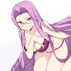 Rule 34 | 1girl, arm at side, bra, breasts, chan co, cleavage, collarbone, dutch angle, fate/grand order, fate (series), glasses, hand in bra, large breasts, long hair, medusa (fate), medusa (rider) (fate), navel, panties, parted bangs, purple bra, purple eyes, purple hair, purple panties, sidelocks, simple background, sitting, smile, solo, underwear, underwear only, very long hair, wariza
