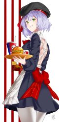Rule 34 | 1girl, absurdres, alternate costume, back, black headwear, blush, bow, braid, burger, commentary, cup, drinking straw, english commentary, food, french fries, fried chicken, genshin impact, green eyes, grey hair, hair between eyes, highres, holding, holding plate, holding tray, kfc, looking at viewer, looking back, noelle (genshin impact), noelle (kfc) (genshin impact), odyssey 21, parted lips, plate, red bow, signature, smile, smiley face, solo, teeth, tray