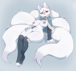 Rule 34 | 1girl, absurdres, animal ears, breasts, fox, fox ears, fox girl, fox tail, furry, highres, hip focus, jellyenvy, multiple tails, nine tails, nipples, original, red eyes, tail, white fur, winter clothes