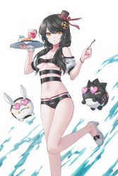 Rule 34 | 1girl, artist request, bare shoulders, belt, belt bra, bikini, bikini bottom only, black bikini, black hair, breasts, commission, cup, detached sleeves, drinking glass, drone, elsword, eve (2nas) (elsword), eve (elsword), fork, hair ornament, hair over shoulder, hands up, hat, highres, holding, holding fork, holding tray, hurricane glass, leg up, long hair, looking at viewer, low twintails, medium breasts, mini hat, mini top hat, moby (elsword), multiple belts, navel, orange eyes, parted lips, remy (elsword), sandals, second-party source, solo, standing, standing on one leg, stomach, swimsuit, thighs, top hat, tray, twintails