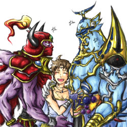 Rule 34 | 1990s (style), 3boys, anger vein, armor, brown hair, bartz klauser, circlet, colored skin, dissidia 012 final fantasy, dissidia final fantasy, exdeath, extra arms, closed eyes, final fantasy, final fantasy v, gilgamesh (final fantasy), height difference, horns, jewelry, male focus, mask, multiple boys, necklace, nigou (equal1014), no pupils, purple skin, yaoi