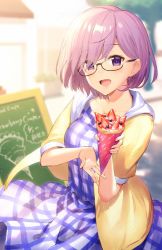 Rule 34 | 1girl, :d, bespectacled, blueberry, chalkboard, crepe, dress, fate/grand order, fate (series), food, food wrapper, fruit, glasses, haru (hiyori-kohal), holding, holding food, jacket, light purple hair, looking at viewer, mash kyrielight, mash kyrielight (senpai killer outfit), official alternate costume, open mouth, plaid, plaid dress, purple eyes, short hair, smile, solo, strawberry, yellow jacket