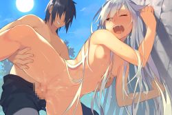 Rule 34 | 1boy, 1girl, ;o, against wall, black hair, blue sky, blush, breasts, censored, clothed male nude female, day, doggystyle, from below, game cg, gluteal fold, grin, hair between eyes, hetero, katou itsuwa, leg lift, long hair, mosaic censoring, navel, nipples, nude, one eye closed, open mouth, orange eyes, outdoors, patel (sennen sensou aigis), penis, saliva, sennen sensou aigis, sex, sex from behind, silver hair, sky, small breasts, smile, sweat, tears, thigh grab, topless male, torso grab, vaginal, very long hair