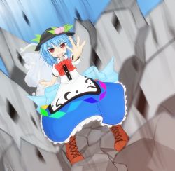 Rule 34 | 1girl, alternate hair length, alternate hairstyle, blue hair, blush, bow, cross-laced footwear, dress, fang, female focus, food, frills, fruit, ganmaganmo, hat, highres, hinanawi tenshi, mother (game), mother 3, nintendo, open mouth, peach, red eyes, rock, short hair, smile, solo, touhou, touhou mother
