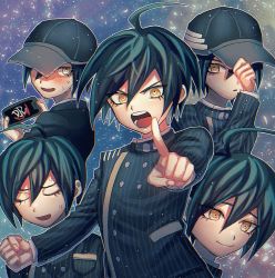 Rule 34 | 1boy, ahoge, brown eyes, buttons, closed eyes, closed mouth, commentary request, danganronpa (series), danganronpa v3: killing harmony, double-breasted, esu (tasoesu), foreshortening, hair between eyes, hat, holding, holding phone, jacket, long sleeves, looking at viewer, male focus, multicolored background, multiple views, open mouth, phone, saihara shuichi, short hair, smile, striped clothes, striped jacket, sweat, teeth