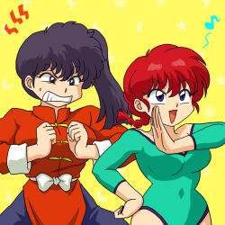 Rule 34 | 2girls, angry, black hair, blue eyes, body switch, breasts, chinese clothes, highres, kunou kodachi, medium breasts, multiple girls, navel, open mouth, personality switch, ranma-chan, ranma 1/2, red hair, tangzhuang, teeth, wanta (futoshi), yellow background