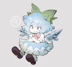 Rule 34 | 1girl, bad id, bad twitter id, black footwear, blue dress, blue eyes, blue hair, bow, bowtie, circled 9, cirno, dress, fairy wings, frilled dress, frills, full body, green bow, grey background, hair bow, highres, ice, ice wings, jeto (jetopyon), parted lips, puffy short sleeves, puffy sleeves, red bow, red bowtie, short sleeves, simple background, smile, solo, touhou, wings