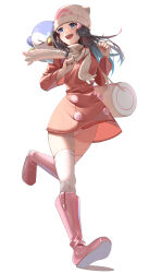 &gt;_&lt; 1girl 1other bag beanie blue_eyes blue_hair boots coat creatures_(company) dawn_(pokemon) full_body game_freak gen_4_pokemon hair_ornament hairclip hat highres long_hair momdy_(talesshinja) nintendo open_mouth panties pink_coat pink_footwear pink_sweater_vest piplup pokemon pokemon_(creature) pokemon_dppt scarf shoulder_bag sweater_vest teeth thighhighs underwear upper_teeth_only white_background white_hat white_scarf white_thighhighs winter_clothes