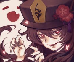 Rule 34 | 1girl, absurdres, black nails, boo tao (genshin impact), bright pupils, brown hair, brown hat, chaosheng64992, chinese commentary, commentary request, cross-shaped pupils, fangs, flower, genshin impact, ghost, ghost pose, hair between eyes, hands up, hat, hat flower, highres, hu tao (genshin impact), long hair, looking at viewer, nail polish, open mouth, porkpie hat, portrait, red eyes, smirk, solo, symbol-shaped pupils, tassel, white pupils