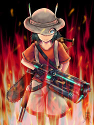 Rule 34 | 10s, 1girl, aura, backpack, bag, bfg 9000, black gloves, black pantyhose, blue eyes, chainsaw, commentary request, crossover, doom (2016), doom (series), double-barreled shotgun, eyebrows visible through hat, fire, frown, gloves, gun, hat, hat feather, hat over one eye, highres, kaban (kemono friends), kemono friends, looking at viewer, multiple-barrel firearm, pantyhose, pantyhose under shorts, red shirt, sawed-off shotgun, serious, shirt, shorts, shotgun, side-by-side-barreled shotgun, solo, weapon, white shorts