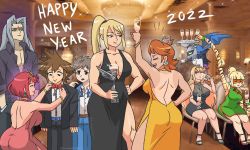 Rule 34 | 1other, 2022, 3boys, 5girls, archdan, arms (game), ass, backless dress, backless outfit, blonde hair, blue eyes, bow, bowtie, breasts, brown hair, cleavage, crown, cup, dress, drinking glass, drunk, dual persona, earrings, final fantasy, final fantasy vii, flower earrings, flying, grin, hand on own hip, happy new year, height difference, highres, indoors, jewelry, kingdom hearts, kirby (series), kirby super star, large breasts, laughing, long hair, mario (series), mask, meta knight, metroid, metroid dread, min min (arms), multiple boys, multiple girls, mythra (xenoblade), new year, nintendo, party, ponytail, princess daisy, pyra (xenoblade), red hair, rex (xenoblade), samus aran, sephiroth, shiny skin, sitting, skirt, smile, sora (kingdom hearts), square enix, standing, super mario land, super smash bros., tan, tanline, white hair, wine glass, wings, xenoblade chronicles (series), xenoblade chronicles 2