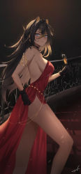 Rule 34 | 1girl, ahoge, alternate costume, armlet, backless outfit, bare arms, bare shoulders, belly chain, black choker, black gloves, blonde hair, blue eyes, breasts, brown hair, chain, champagne flute, choker, closed mouth, cocktail dress, commentary, crossed bangs, cup, dangle earrings, dark-skinned female, dark skin, dehya (genshin impact), dress, drink, drinking glass, earrings, expressionless, feet out of frame, feint721, frilled gloves, frills, from side, gem, genshin impact, glint, gloves, gold chain, gradient hair, hair between eyes, hair intakes, hair ornament, highres, holding, holding drink, jewelry, large breasts, light particles, long dress, long hair, looking at viewer, multicolored hair, pelvic curtain, red dress, red gemstone, side slit, sideboob, sidelocks, signature, solo, stairs, standing, strapless, strapless dress, streaked hair, thigh strap, thighs, two-tone hair