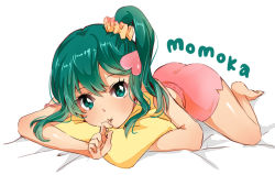 Rule 34 | 1girl, barefoot, bed, blush, candy, character name, food, green eyes, green hair, hair ornament, heart, heart hair ornament, lollipop, looking at viewer, lying, masaki (celesta), matching hair/eyes, mouth hold, multiple girls, on stomach, pillow, ponytail, serizawa momoka, short hair, shorts, sidelocks, simple background, solo, tokyo 7th sisters, topless