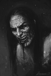 Rule 34 | black hair, black sclera, blood, blood from mouth, blood on face, colored sclera, dripping blood, evil grin, evil smile, graphite (medium), greyscale, grin, horror (theme), konrad curze, long hair, looking at viewer, monochrome, primarch, scar, scar on face, scar on mouth, sharp teeth, signature, smile, teeth, traditional media, veronica anrathi, warhammer 40k