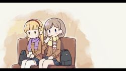 Rule 34 | 2girls, backpack, bag, black skirt, blonde hair, blue eyes, blush, bow, brown hair, brown jacket, chibi, chinese commentary, commentary request, cup, disposable cup, drinking straw, feet out of frame, green eyes, hair bow, hairband, heanna sumire, holding, holding cup, jacket, langbazi, letterboxed, long hair, love live!, love live! superstar!!, multiple girls, pleated skirt, purple scarf, red hairband, scarf, school uniform, sitting, skirt, tang keke, thighhighs, very long hair, white bow, white thighhighs, yellow scarf