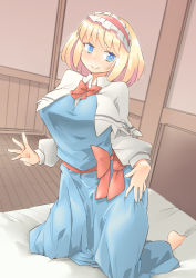 Rule 34 | 1girl, alice margatroid, arnest, barefoot, blonde hair, blue dress, blue eyes, blush, bow, bowtie, capelet, collared shirt, dress, hairband, hand on own hip, highres, indoors, kneeling, lolita hairband, long sleeves, looking at viewer, on bed, red bow, red neckwear, red sash, sash, shirt, short hair, smile, touhou, white capelet, white shirt