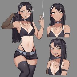 Rule 34 | 1girl, alternate costume, arm strap, asymmetrical bangs, averting eyes, bare shoulders, belt, black choker, black hair, black shorts, black thighhighs, blush, breasts, brown eyes, choker, cigarette, cleavage, commentary, cowboy shot, crop top, cropped torso, elbow gloves, english commentary, fangs, female focus, furrowed brow, gloves, grey background, grey gloves, hair ornament, hairclip, hand in own hair, highres, holding, holding cigarette, ijiranaide nagatoro-san, jewelry, long hair, looking at viewer, midriff, multiple views, nagatoro hayase, navel, necklace, one-piece tan, open mouth, panty straps, short shorts, shorts, sideways glance, simple background, single glove, small breasts, smile, smoking, stomach, tan, tanline, thighhighs, thong, ti keep