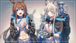 Rule 34 | 2girls, :d, :o, amiya (arknights), animal ear fluff, animal ears, arknights, black gloves, black jacket, blue eyes, blue skirt, blush, box, brown hair, cat ears, cat girl, cloak, commentary request, dress, ear piercing, earpiece, food, gift, gift box, gloves, green eyes, hair between eyes, holding, holding gift, hood, hood down, hooded cloak, hooded jacket, infection monitor (arknights), jacket, jewelry, long hair, long sleeves, low ponytail, macaron, multiple girls, open clothes, open jacket, open mouth, parted lips, piercing, plaid, plaid skirt, pleated skirt, puffy long sleeves, puffy sleeves, rabbit ears, ribbed shirt, ring, rosmontis (arknights), shirt, silver hair, skirt, sleeves past wrists, smile, tanagawa makoto, white day, white dress, white shirt