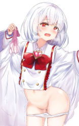 Rule 34 | 1girl, absurdres, blush, bottomless, condom, granblue fantasy, heavy breathing, highres, looking at viewer, multiple condoms, navel, panties, panty pull, pussy juice, red eyes, ribbon, short hair, silver hair, simple background, solo, tears, underwear, used condom, vikala (granblue fantasy), white background