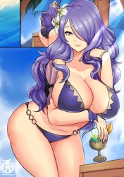 Rule 34 | 1girl, alcohol, alternate costume, arched back, ass, bare shoulders, beach, bikini, bracelet, breasts, camilla (fire emblem), camilla (summer) (fire emblem), cleavage, collarbone, commentary, cup, curvy, day, drinking glass, english commentary, fire emblem, fire emblem fates, fire emblem heroes, flower, hair flower, hair ornament, hair over one eye, holding, holding cup, holding drinking glass, jewelry, large breasts, leaning forward, lips, long hair, nail polish, navel, nintendo, ocean, outdoors, pink lips, purple bikini, purple eyes, purple hair, purple nails, revolverwing, sky, smile, solo, standing, swimsuit, thighs, water, wavy hair