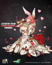 Rule 34 | 1girl, blush, breasts, character name, cleavage, closed eyes, copyright name, crossover, dress, elphelt valentine, embers, flower, full body, girls&#039; frontline, guest character, guilty gear, guilty gear xrd, hairband, heart, highres, holding, kneeling, large breasts, official art, open mouth, petals, pink hair, red flower, red rose, rose, scroll, short hair, smile, solo, spiked hairband, spikes, swept bangs, teeth, wedding dress, white dress, white legwear, zagala