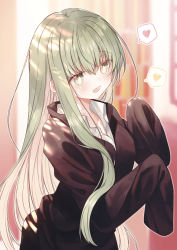 Rule 34 | 1girl, :d, blurry, blurry background, blush, cecilia (shiro seijo to kuro bokushi), collarbone, collared shirt, commentary request, green eyes, green hair, hair between eyes, heart, kazutake hazano, long hair, long sleeves, open mouth, oversized clothes, shiro seijo to kuro bokushi, shirt, sidelocks, sleeves past fingers, sleeves past wrists, smile, solo, sparkling eyes, spoken heart, upper body