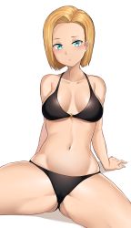 Rule 34 | 1girl, android 18, aori sora, arm support, arms behind back, bikini, black bikini, blonde hair, blue eyes, breasts, breasts apart, collarbone, commentary request, curvy, dragon ball, dragonball z, female focus, gluteal fold, halterneck, highres, leaning back, looking at viewer, medium breasts, navel, o-ring, o-ring top, partially visible vulva, shadow, short hair, simple background, sitting, solo, spread legs, stomach, swimsuit, white background