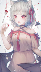 Rule 34 | 1girl, absurdres, animal ear fluff, animal ears, bat wings, bell, blood, brooch, cat ears, dress, fang, fuunyon, highres, jewelry, light purple hair, neck bell, off shoulder, red eyes, red ribbon, remilia scarlet, ribbon, short hair, tagme, touhou, white dress, white hair, wings