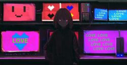Rule 34 | 1girl, black jacket, blue eyes, bone, closed mouth, commentary, dark room, daruma karei, english text, frown, heart, highres, jacket, long sleeves, looking at viewer, monitor, multicolored eyes, original, pink eyes, short hair, smiley face, solo, upper body